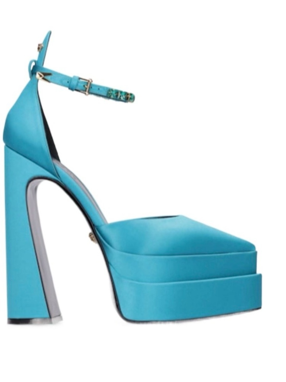 Versace Teal Platform Satin Heels with Jeweled Ankle Strap